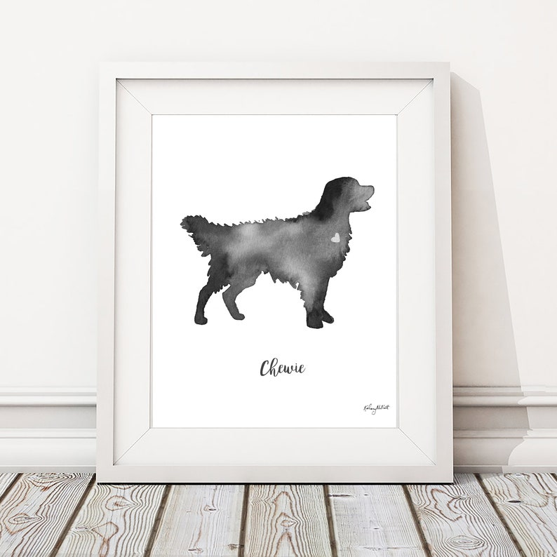 May include: Black and white watercolor painting of a dog silhouette. The dog is a Golden Retriever breed. The dog's name is "Chewie" written below the image.