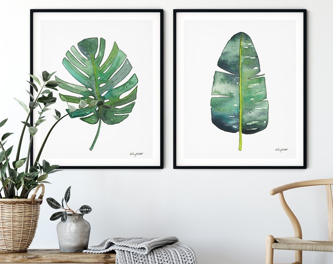 Palm Leaf Art Print, Watercolor Painting Set of 2 Green Botanical Living Room Bedroom Wall Decoration, Banana Tree Palm Leaf, Monstera Leaf