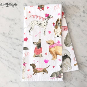 Cozy Valentine Dogs Tea Towel, Valentines Kitchen Decor, Dish Towel, Dogs Kitchen Towel, Dog Lover Gift, Valentines Day Gift