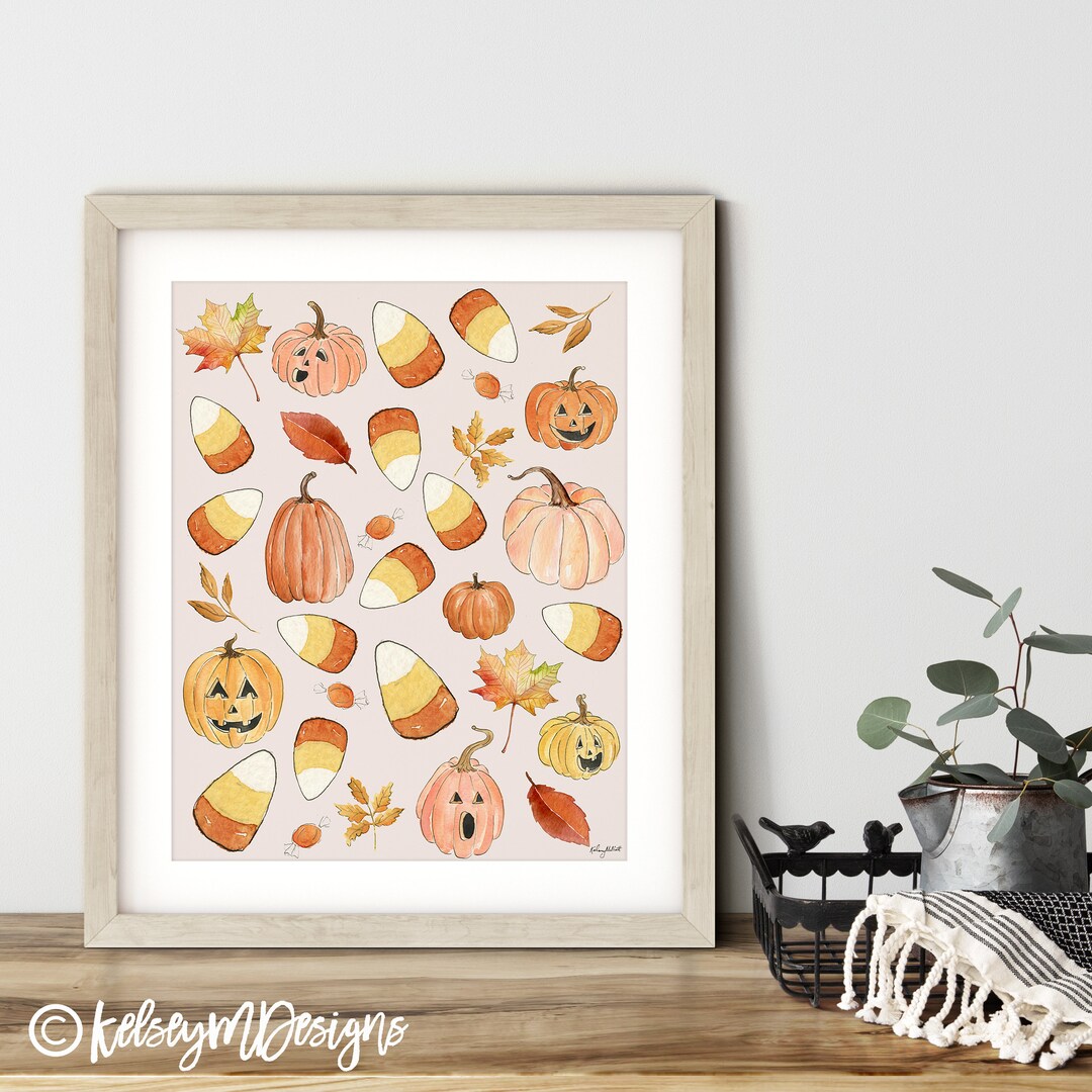 Halloween Candy Corn Pumpkin Wall Art, Watercolor Painting, Pumpkin Art