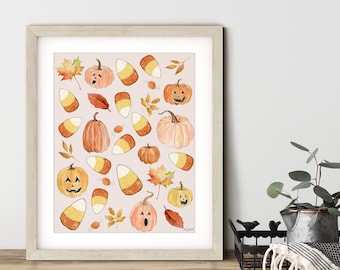 Halloween Candy Corn Pumpkin Wall Art, Watercolor Painting, Pumpkin Art Print, Fall Wall Art, Halloween Decor, Pink Pumpkin Wall Decor