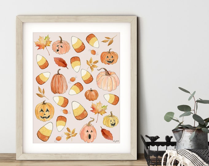 Halloween Candy Corn Pumpkin Wall Art, Watercolor Painting, Pumpkin Art Print, Fall Wall Art, Halloween Decor, Pink Pumpkin Wall Decor
