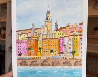 Original Menton France Watercolor, French Riviera Painting, Colorful Coastal Town Art, France Travel Artwork, 9x12 Original Painting