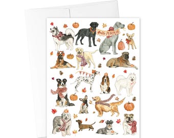 FALL CARDS, Hello Pumpkin Fall Dogs Card, Fall Greeting Card, Funny Dog Greeting Card, Autumn Greeting Card, Watercolor Fall Card