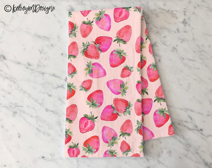 Strawberry Tea Towel, Summer Kitchen Decor, Pink Strawberries Dish Towel, Summer Decor, Flour Sack Cotton Hand Towel, Gifts for Her