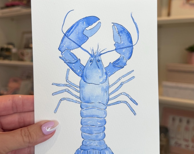 Original Blue Lobster Watercolor, Coastal Ocean Art, Lobster Painting, Nautical Wall Decor, 5x7 Original Artwork