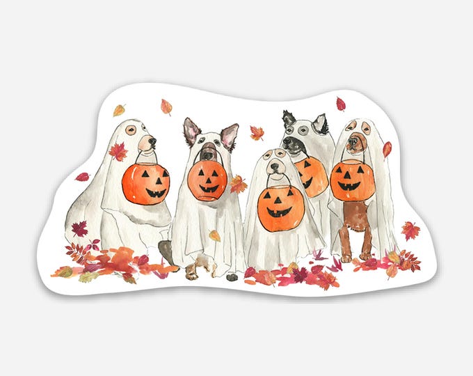 Ghost Dogs Halloween Sticker, Cute Dog Vinyl Sticker for Water Bottles, Laptops, Halloween Dog Lover Gift, 2x3 Waterproof Spooky Pup Decal
