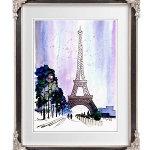 May include: A watercolor painting of the Eiffel Tower in Paris, France. The tower is depicted in black ink against a purple and blue watercolor background. There are trees and people in the foreground.