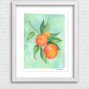 May include: Watercolor painting of a branch of a citrus tree with three oranges. The oranges are a vibrant orange color with a hint of red. The leaves are a bright green. The background is a light blue and green watercolor wash.