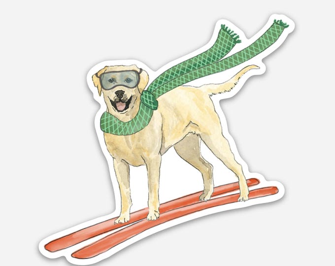 Yellow Lab Sticker, Watercolor Skiing Dog Sticker, Vinyl Sticker, Dog Lover Gift, 3x3 Die Cut Sticker, Sticker for Labtop and Waterbottle