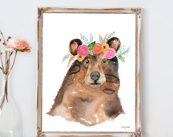 Bear Flower Crown Print, Nursery Animal Prints, Baby Animals Flower Crown, Girls room decor, Boho Nursery Art, Nursery Decor Watercolor Bear