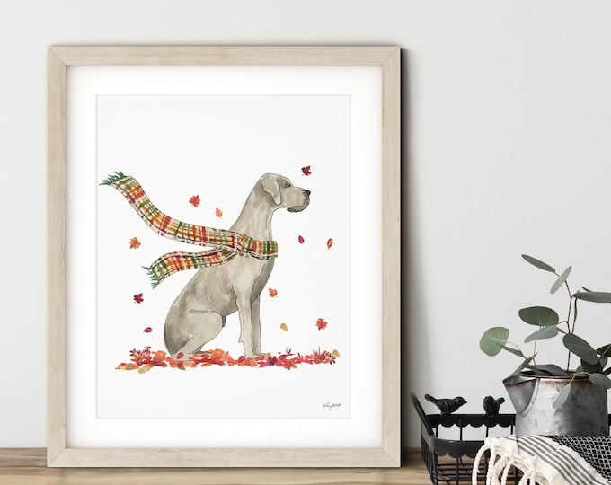 Fall Dog Wall Art, Great Dane Dog Art Print, Autumn Home Decor, Plaid Fall Wall Art, Halloween Art Print, Fall Decor, Merle Great Dane Gift