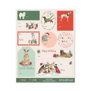 Etiquetas de presente de cães de Natal, adesivos de presente, etiqueta de etiqueta de presente de feriado colorida, etiquetas de nome de papel de presente divertidas, Feliz Natal