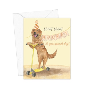 Cartão comemorativo de cachorro em scooter, cartão de aniversário, cartão de parabéns, cartão engraçado de cachorro, saudação de animal fofo para amantes de cachorro
