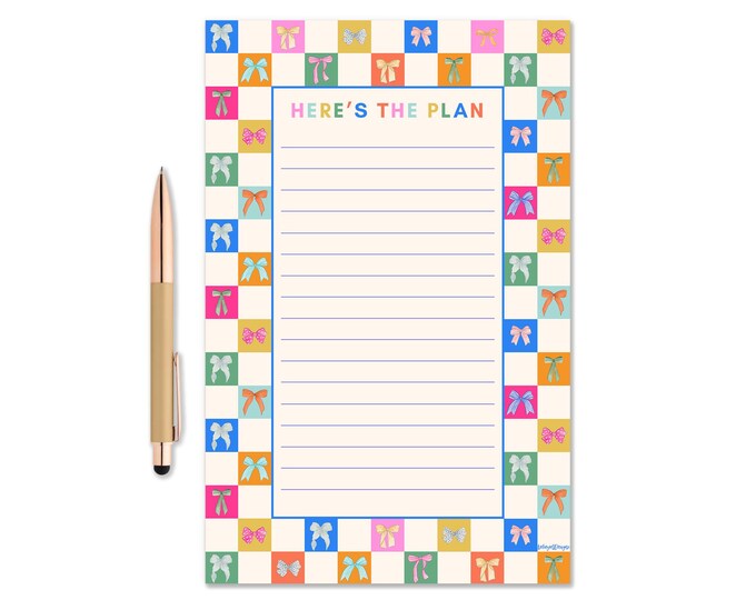 Here's The Plan Notepad, Colorful Checkered Bows To-Do List Pad, Cute Desk Notepad, Bow Lover Gift, Fun Stationery