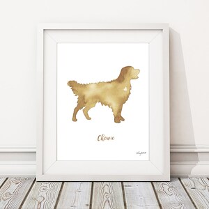 May include: A watercolor painting of a golden retriever dog silhouette in brown tones. The dog's name, "Chewie", is written below the image.