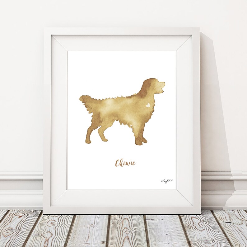 May include: A watercolor painting of a golden retriever dog silhouette in brown tones. The dog's name, "Chewie", is written below the image.