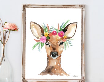 Deer Flower Crown Print, Nursery Animal Prints, Baby Animals Flower Crown, Girls room decor, Girls Nursery Art, Nursery Decor, Watercolor
