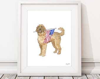 Golden Doodle 4th of July Wall Art, USA Art Print, Fourth of July Decor, Red White Blue, American Wall Art, USA Flag, Watercolor Painting