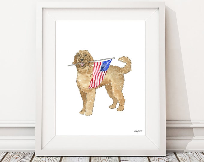 Golden Doodle 4th of July Wall Art, USA Art Print, Fourth of July Decor, Red White Blue, American Wall Art, USA Flag, Watercolor Painting
