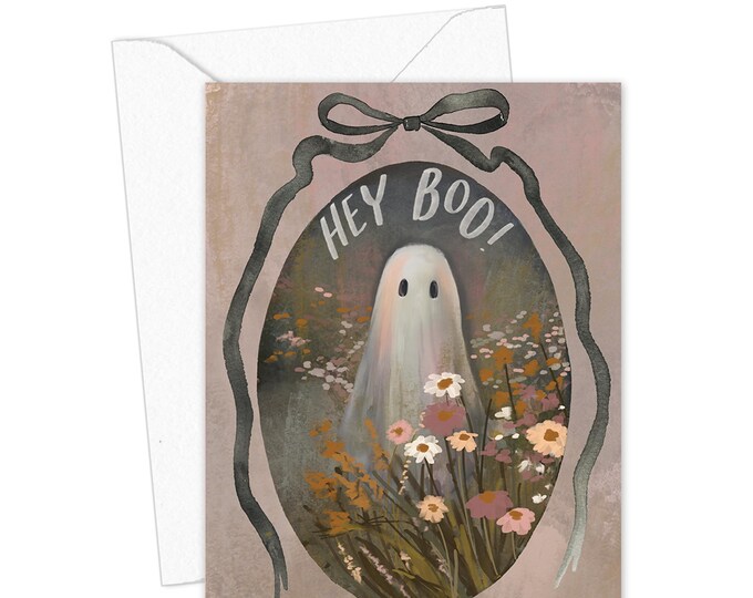 Hey Boo Halloween Greeting Card, Cute Ghost Card, Whimsical Halloween Card, Spooky Season Card, Girly Halloween Gift