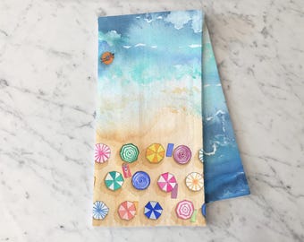 Beach Tea Towel, Summer Kitchen Decor, Coastal Towel, Summer Decor, Flour Sack Cotton Hand Towel, Beach House Decor, Beach Umbrella Scene
