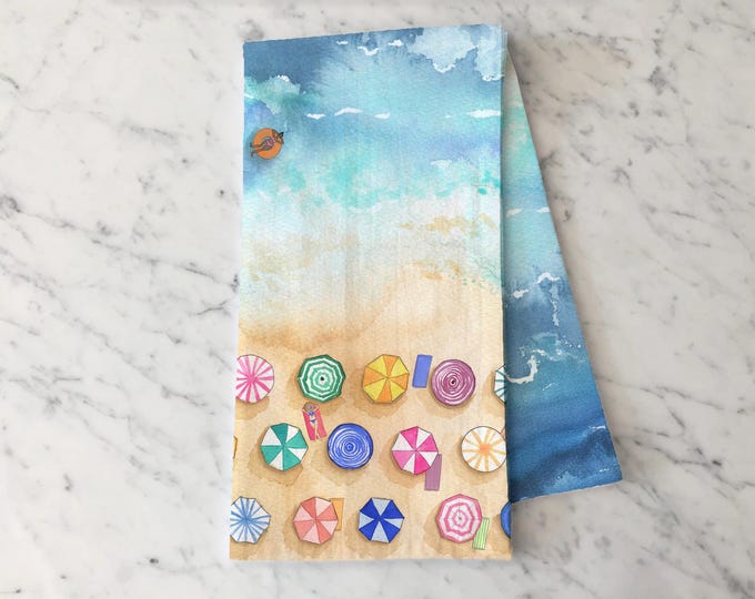 Beach Tea Towel, Summer Kitchen Decor, Coastal Towel, Summer Decor, Flour Sack Cotton Hand Towel, Beach House Decor, Beach Umbrella Scene