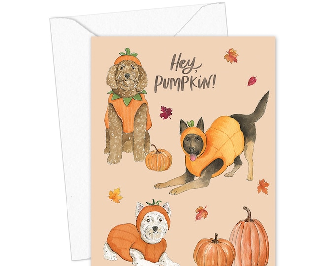 Hey Pumpkin Halloween Card, Cute Dog Halloween Card, Pumpkin Costume Greeting Card, Funny Fall Card, Blank Inside