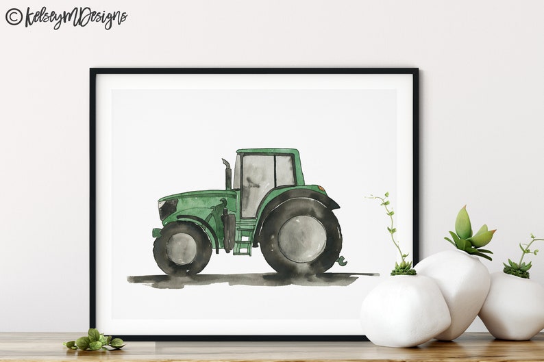 May include: A watercolor painting of a green tractor on a white background. The tractor has black wheels and a black silhouette of a person in the driver's seat.