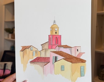 Original Saint-Tropez Watercolor, Notre Dame de l'Assomption Painting, French Riviera Art, France Travel Artwork, 9x12