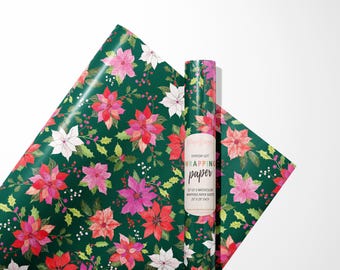 Papel de embrulho natalino com flor de poinsétia - Conjunto de 3 folhas, laços coloridos para presentes, folhas de papel de embrulho, papel de embrulho floral