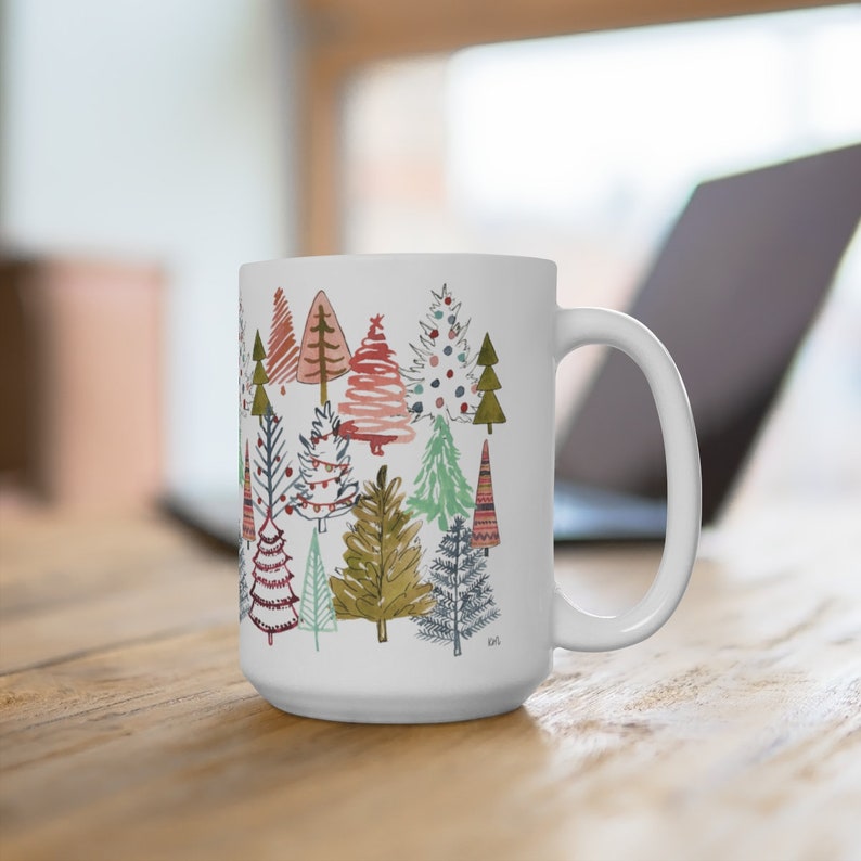 Bunte Weihnachtsbaum Tasse, Weihnachts Kaffeetasse, Weihnachtsdekoration, 15 oz Tasse, Bunte Kaffeetasse, Weihnachtsküche Dekor, Bäume Kaffeetasse Bild 2