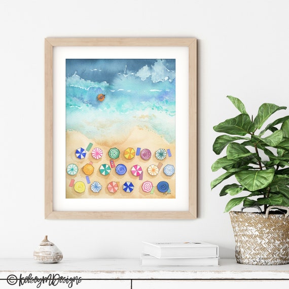 Aerial Beach Wall Art, Colorful Beach Art, Watercolor Landscape Painting, Coastal Art Print, Beach Umbrella Art, Ocean Scene