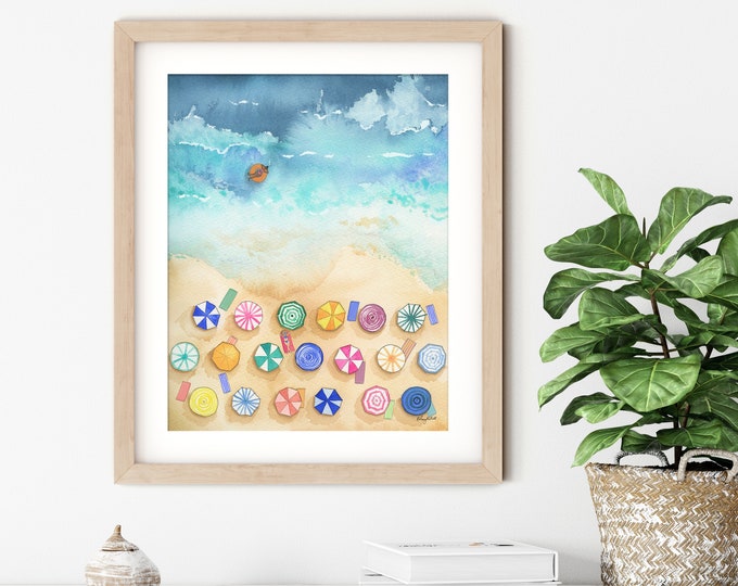 Aerial Beach Wall Art, Colorful Beach Art, Watercolor Landscape Painting, Coastal Art Print, Beach Umbrella Art, Ocean Scene