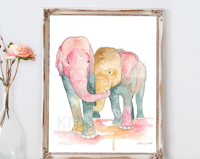 Elephant Wall Art, Elephant Nursery, Baby Elephant with Mom, Watercolor Animal Art, Nursery Prints, Elephant Print, Watercolor Painting
