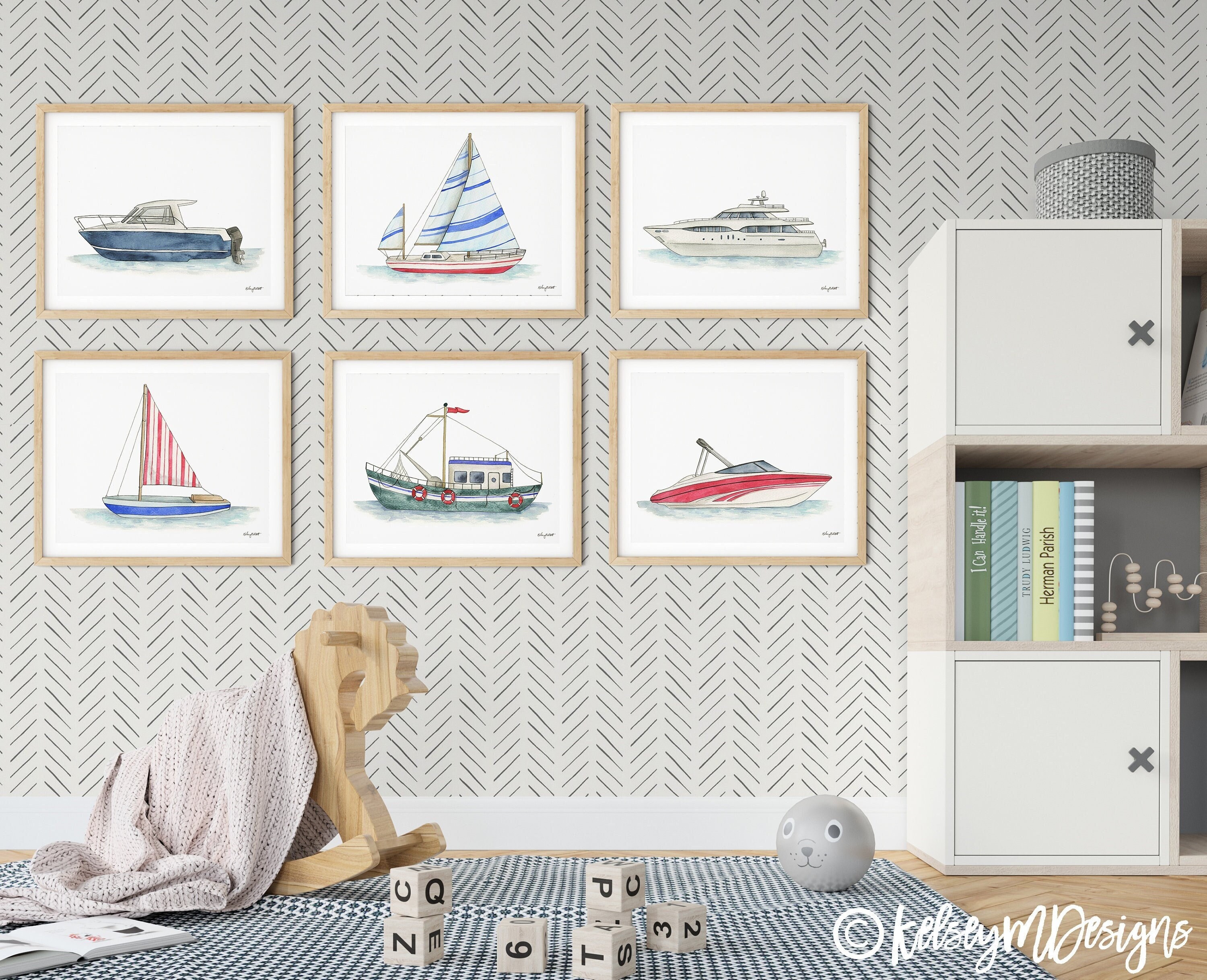 Set of 6 Boats Art Prints, Kids Gallery Wall Set, Nautical Wall Art,  Transportation Print Nursery, Watercolor Painting, Boat Decor, Sailboat