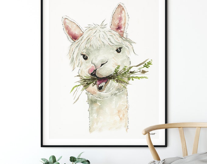 Llama Print, Llama Wall Art, Llama Eating Grass Watercolor Painting, Bohemian Decor, Llama Kids Room Decor, Alpaca Print, Funny Animal Art