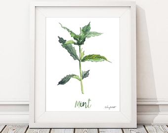 Watercolor Painting Mint Herb Print, Watercolor Wall Art Housewarming Gift Kitchen Decor Botanical Print, Herbs Kitchen Art, Gift for Her