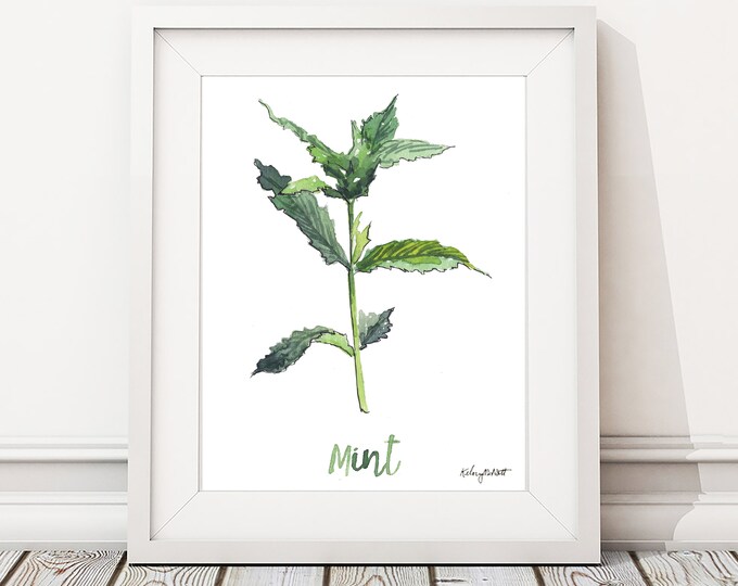 Watercolor Painting Mint Herb Print, Watercolor Wall Art Housewarming Gift Kitchen Decor Botanical Print, Herbs Kitchen Art, Gift for Her