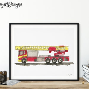 May include: A watercolor illustration of a red fire truck with a yellow ladder. The truck is on a white background.