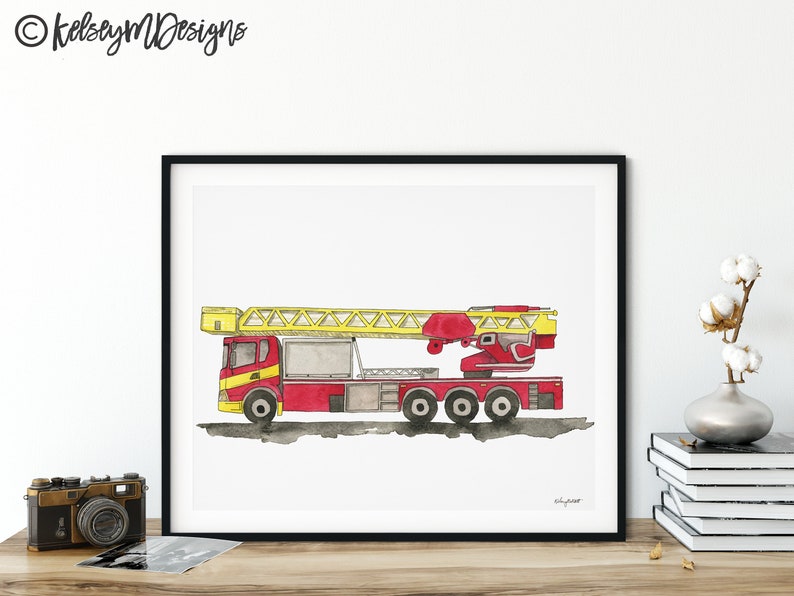 May include: A watercolor illustration of a red fire truck with a yellow ladder. The truck is on a white background.