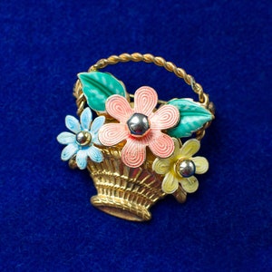 Vintage Basket Flowers Czech Brooch, Enamel Brass Brooch Pin 60s
