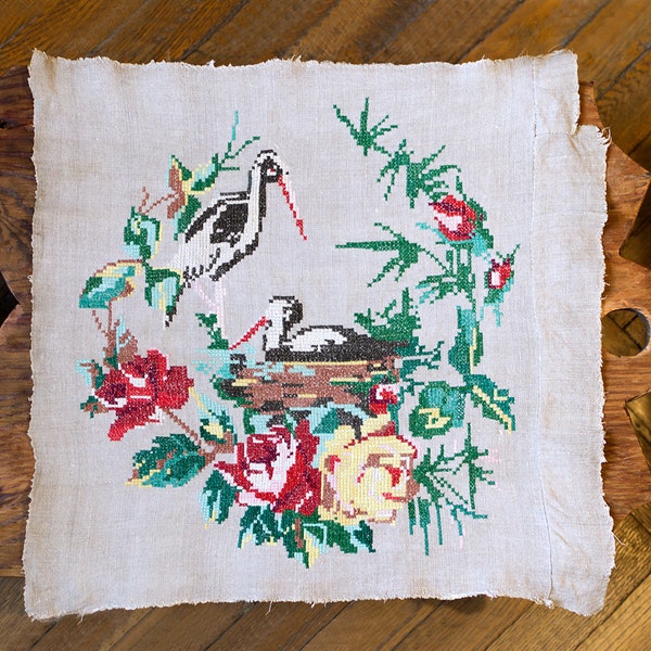 Vintage Hand Cross Stitch, Storks Nest Flowers, Rustic Birds Pair, Home Decor, Herons Family