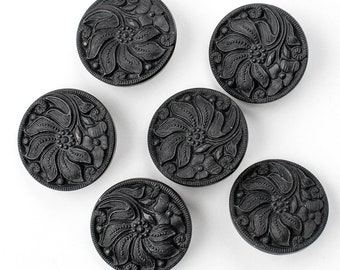 Set of 6 Vintage Lacy Glass Buttons, Czech Matt Black Glass 4 way Box Shanks Buttons 22 mm, Cardigan buttons