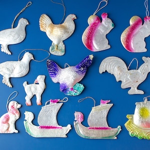Adornos navideños soviéticos de cartón vintage, decoración navideña de papel gofrado irrompible coleccionable de los años 40 a los 70, adornos de animales, pájaros y barcos