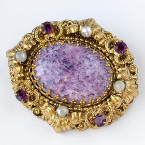 Vintage Lilac Beijing Glass Brooch Pendant, Filigree Czech Costume Brooch Peking Glass & Rhinestones