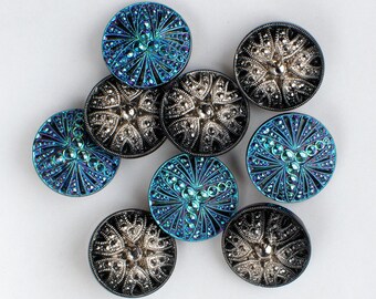 Vintage Lacy Glass Buttons 17 mm, Czech Silver and Iridescent Blue Luster Black Glass Buttons with Metal Snanks