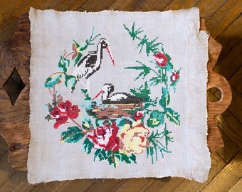 Vintage Hand Cross Stitch, Storks Nest Flowers, Rustic Birds Pair, Home Decor, Herons Family