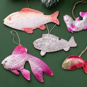 Mix of 5 Vintage Christmas Cardboard Ornaments Fish, Unbreakable Embossed Paper Xmas Decor 30s-60s USSR