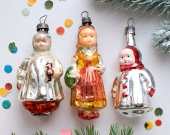 Vintage Glass Christmas Ornaments Girl Little Red Riding Hood, Soviet Xmas Tree Decor 50s-60s, New Year Ornaments